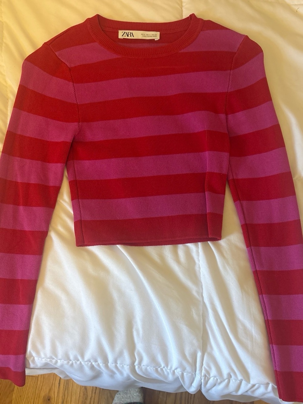 Zara Red and Pink Striped Cropped Long-Sleeve Top